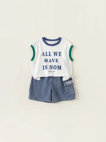 Boys Summer Sleeveless T-Shirt And Denim Shorts Outfit Letter Print Round Neck Tank Top Cargo Pants Kids Clothing