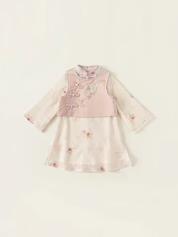 Set 2 Pezzi Hanfu in Stile Cinese per Ragazze Gilet Ricamato e Abito a Fiori Pizzo Cheongsam Completo Bambina Primavera