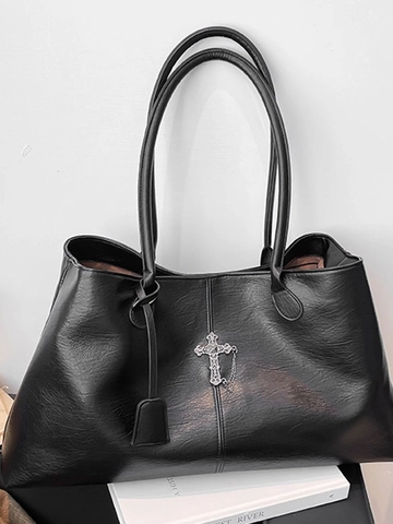 Gothic Retro Large Capacity PU Leather Tote Bag For Women Punk Cross Metal Charm Shoulder Handbag Commuting Shopping Bag