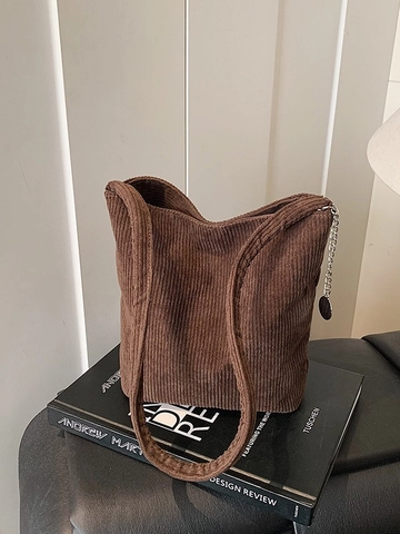 Women Fashion Corduroy Bucket Bag Winter Casual Shoulder Bag Commuter Hobo Bag With Metal Chain Decoration Solid Color Bag