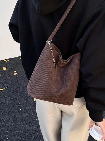 Women Fashion Corduroy Bucket Bag Winter Casual Shoulder Bag Commuter Hobo Bag With Metal Chain Decoration Solid Color Bag