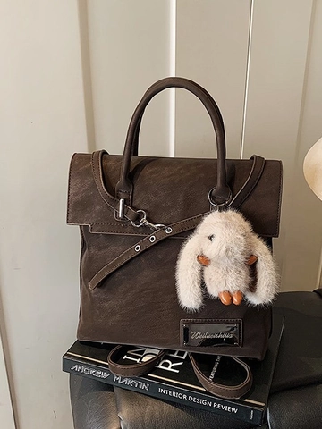 Sac à Dos Vintage en Cuir PU Grande Capacité pour Femmes Style Coréen Sac d'École de Navette Main Avec Pendentif Lapin en Peluche
