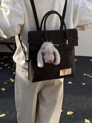Sac à Dos Vintage en Cuir PU Grande Capacité pour Femmes Style Coréen Sac d'École de Navette Main Avec Pendentif Lapin en Peluche