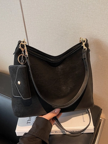 Bolso de Hombro de Cuero PU Retro para Mujer Bolso Hobo de Gran Capacidad Con Bolsa Pequeña Costuras de Contraste Minimalista Estampado de Letras Viaje