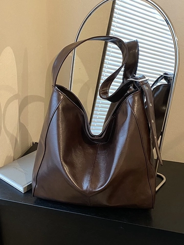 Borsa a Secchiello Donna Grande Capacità in Pelle PU Lucida Cuciture Retrò Borsa a Spalla Hobo Pendolare Tote Regolabile