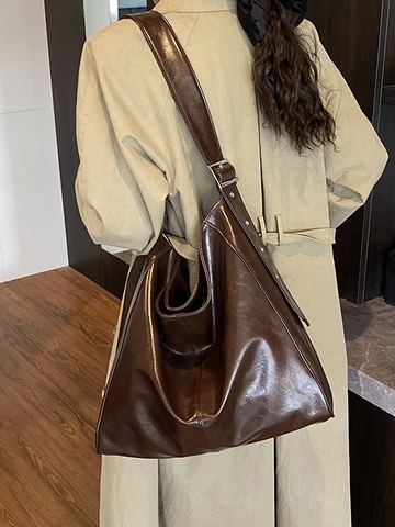 Borsa a Secchiello Donna Grande Capacità in Pelle PU Lucida Cuciture Retrò Borsa a Spalla Hobo Pendolare Tote Regolabile
