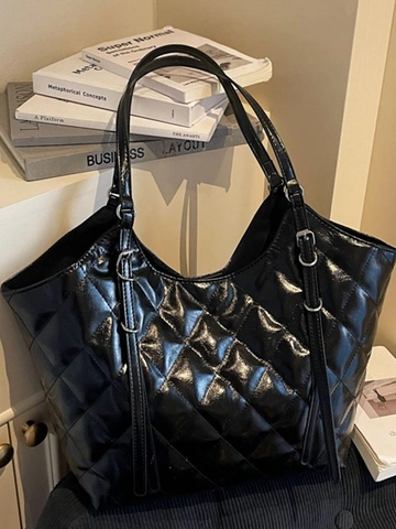 Borsa Tote Trapuntata di Grande Capacità Borsa a Tracolla in Pelle PU Lucida per Donna Moda Classica Borsa da Pendolare Lucida Con Fibbia Magnetica