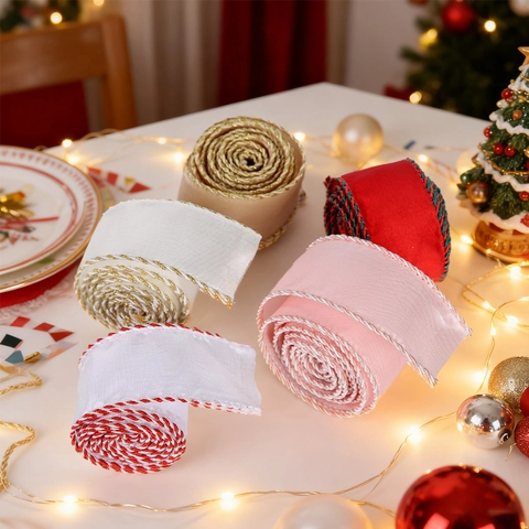 Nastro di Satin con Bordo Cablato per Natale Nastro Decorativo per Albero Scatola Regalo Festa Casa Decorazione