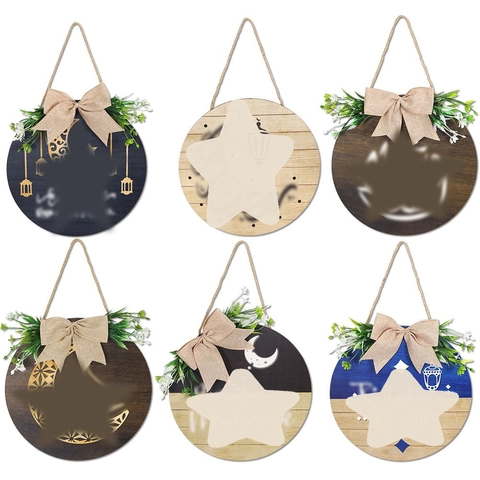 Insegna Appesa in Legno Rotonda Ramadan Mubarak Targa Benvenuto Eid Con Fiocco Iuta Verde Luna Stella Lanterna Islamica Decorazione Porta Parete Festa