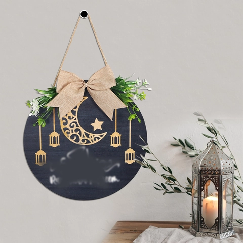 Insegna Appesa in Legno Rotonda Ramadan Mubarak Targa Benvenuto Eid Con Fiocco Iuta Verde Luna Stella Lanterna Islamica Decorazione Porta Parete Festa