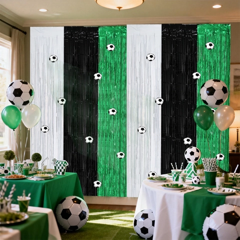 Metallic Foil Soccer Party Rain Curtain Backdrop Football Theme Tinsel Fringe Curtains Green Black White Sports Birthday Event Decorations