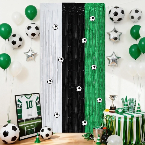 Football Theme Foil Fringe Curtain Soccer Party Decorations Background Tinsel Tassel Backdrop Decor Black White Green