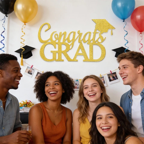 Adesivo Murale Congrats GRAD in Tessuto Non Tessuto Glitterato Con Tocco Decorazione per Festa di Laurea Sfondo