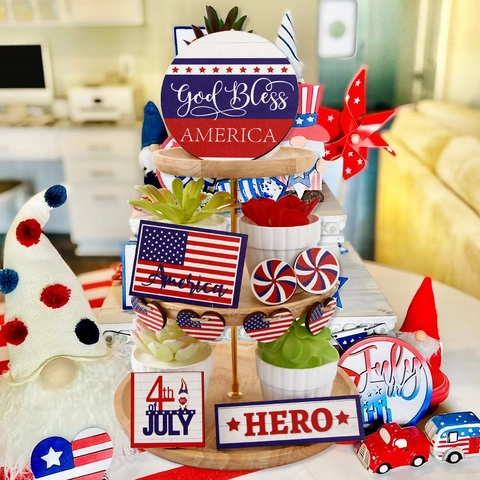 Unabhängigkeitstag Etagen-Tablett-Deko-Set Holzschilder Patriotische USA-Karte LKW Zwerg Tischdekoration Für 4. Juli Party Heimdeko