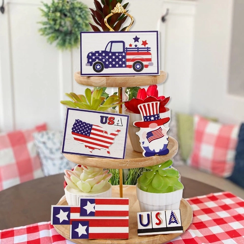 Unabhängigkeitstag Etagen-Tablett-Deko-Set Holzschilder Patriotische USA-Karte LKW Zwerg Tischdekoration Für 4. Juli Party Heimdeko