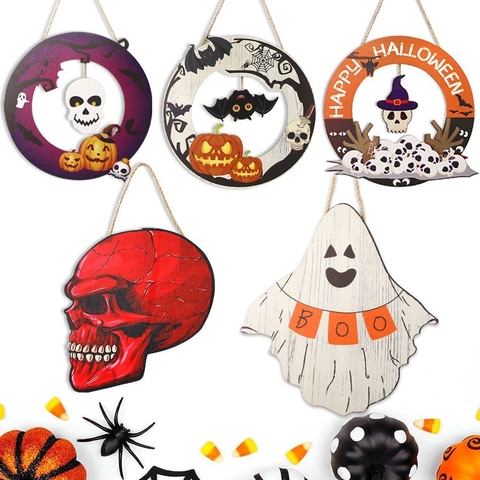 Hängende Halloween Dekoration Aus Holz Gespenst Skelett Kürbis Fledermaus Boo Brief Türschild Für Party Haus Wanddeko
