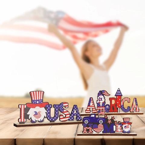 Letrero de Mesa de Madera para el Día de la Independencia de EE UU Gnomo Letra USA Rojo Blanco Azul Adorno de Escritorio Patriótico Decoración Hogar