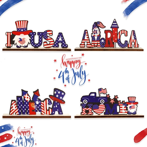 Día de la Independencia Adornos de Madera de Gnomo America USA Home Decoración de Escritorio 4 de Julio Rojo Blanco Azul Letrero de Madera
