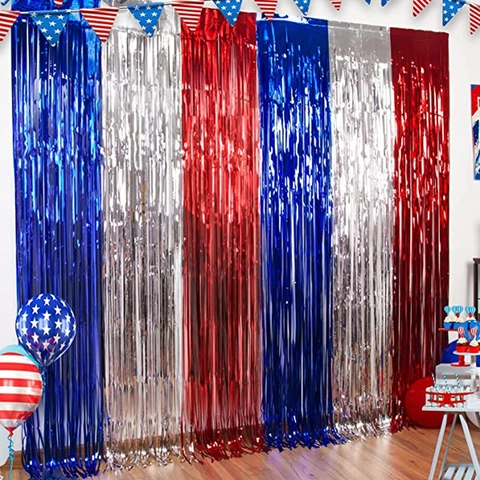 Unabhängigkeitstag Rot Weiß Blau Folie Fransenvorhang Patriotische Flitter Kulisse Für Party Dekoration Metallische Streamer Foto Requisiten