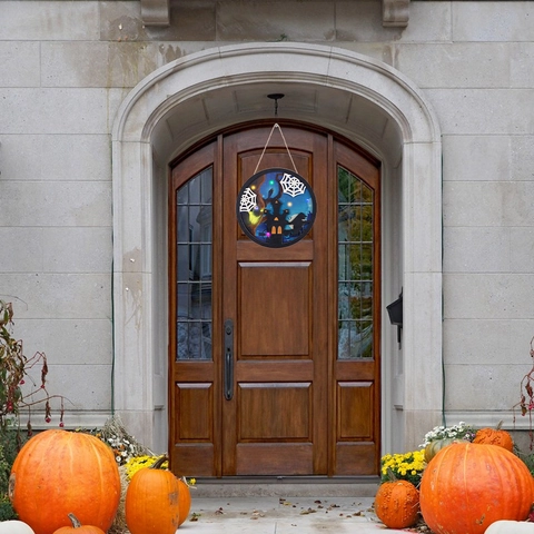 Halloween LED Glowing Wood Sign Pumpkin Ghost Castle Spider Web Hanging Decor For Party Door Wall Decoration