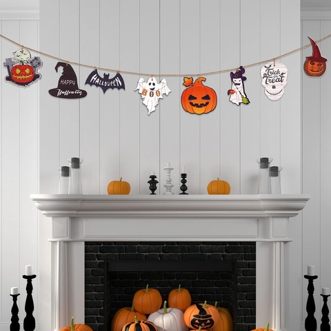 Banner in Legno di Halloween Decorazione Sospesa Set Ciondoli Fantasma Zucca Pipistrello per Festa Casa