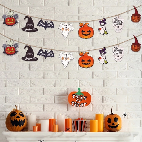 Banner in Legno di Halloween Decorazione Sospesa Set Ciondoli Fantasma Zucca Pipistrello per Festa Casa