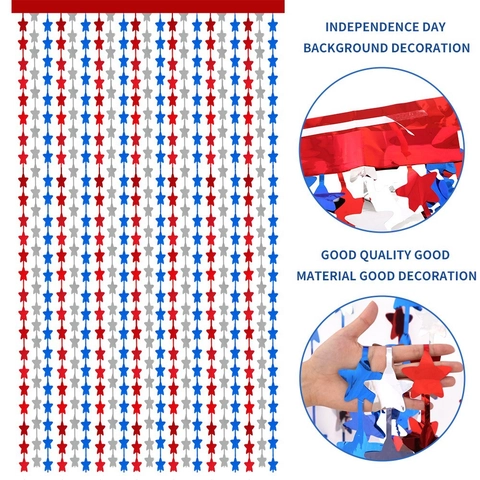 Tenda a Frange in Lamina di Stelle Rosse Argento Blu Patriottica Sfondo per Festa Giorno Indipendenza Decorazione Tenda Porta