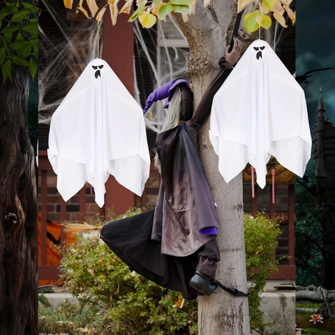 Decorazione per Feste di Halloween Fantasma Appeso Bianco Con Motivo ad Espressione Spaventosa Ornamento in Stoffa per Giardino