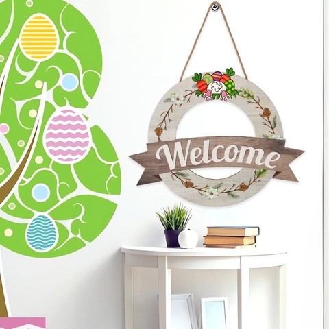 Cartello di Benvenuto Interscambiabile per Porta Ingresso Corona in Legno Rustico Con Icone Stagionali per Decorazione Parete Casa