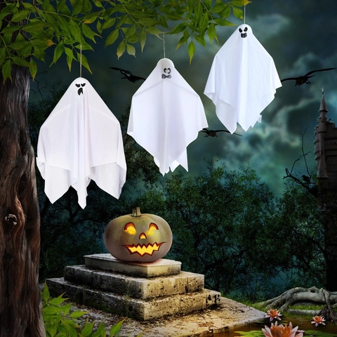 Decorazione per Feste di Halloween Fantasma Appeso Bianco Con Motivo ad Espressione Spaventosa Ornamento in Stoffa per Giardino