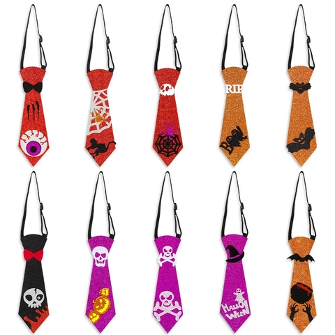 Halloween Sequin Necktie For Kids Adults Pets Adjustable Elastic Felt Party Tie With Skull Pumpkin Bat Patterns Party Decor