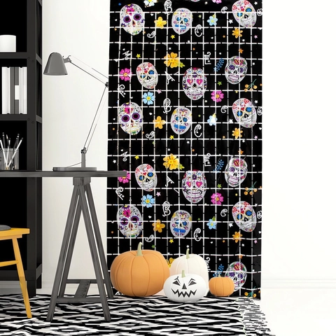 Halloween Zuckerschädel Quadrat Gitter Fransen Vorhang Tag Der Toten Hintergrund Party Deko PET Kunststoff Wandbehang Requisiten