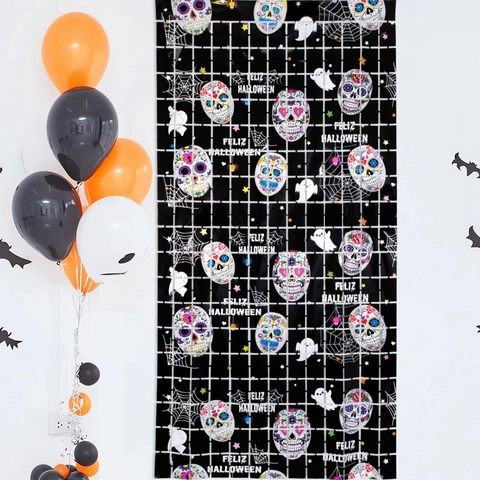 Halloween Zuckerschädel Quadrat Gitter Fransen Vorhang Tag Der Toten Hintergrund Party Deko PET Kunststoff Wandbehang Requisiten