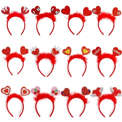 Valentine's Day Heart Headband With Red Feather Glitter Sequins For Party Wedding Date Night Women Hair Accessories
