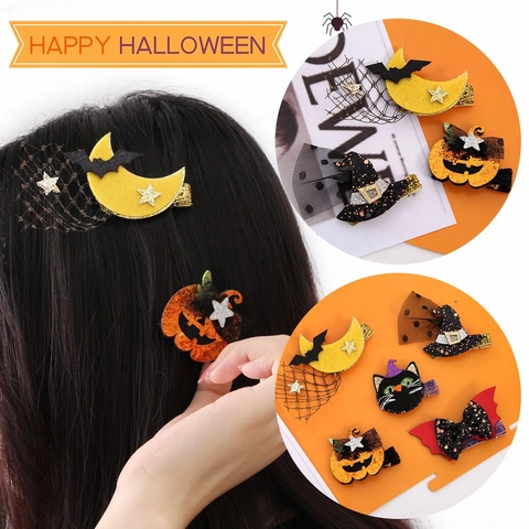 Pinzas para el Cabello de Halloween Tela No Tejida Lentejuelas Calabaza Murciélago Sombrero de Bruja Gato Negro Lazo Accesorios de Disfraz