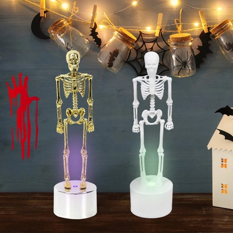 Halloween Luminous Skeleton Ornament LED Light Base Decorative Plastic Skull Figurine Glowing Ghost Festival Party Atmosphere Desk Decor