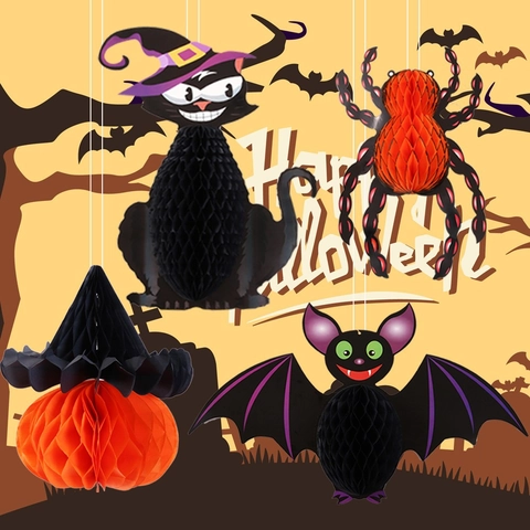 Halloween Dekorationen Papier Waben Hanging Schwarze Katze Spinne Fledermaus Kürbis Hexe Hanging Ornament Für Party Haus Dekoration
