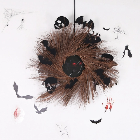 Halloween Kranz Dekoration Natürliche Getrocknete Zweige Mit Fledermaus Skelett Geist Ornamenten Gotik Party Wandbehang