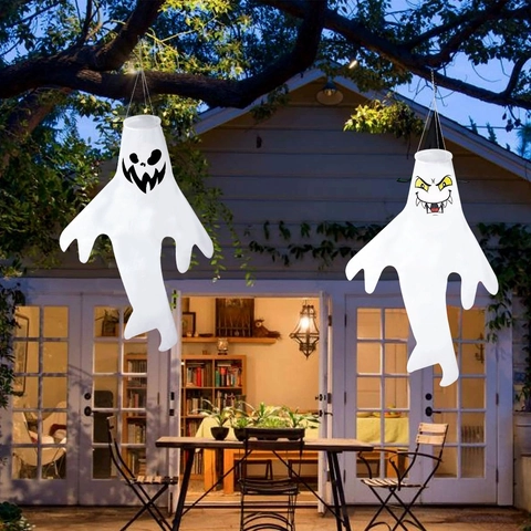 Halloween Ghost Windsock Outdoor Hanging Decoration White Polyester Ghost Windsocks For Yard Garden Patio Party Decor