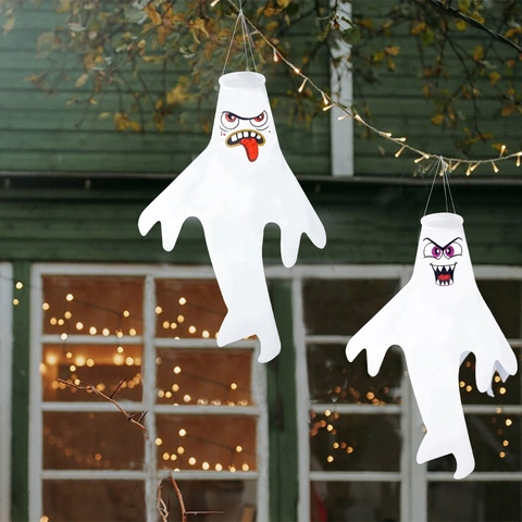 Halloween Ghost Windsock Outdoor Hanging Decoration White Polyester Ghost Windsocks For Yard Garden Patio Party Decor