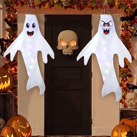 Manica a Vento Fantasma di Halloween Decorazione da Appendere all'aperto in Poliestere Bianco Bandiera a Vento per Giardino e Festa