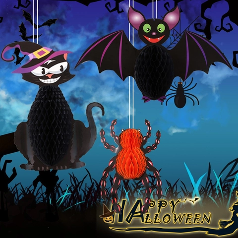 Halloween Hanging Decorations Honeycomb Paper Ornaments Spider Bat Pumpkin Witch Party Props
