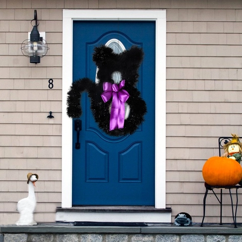 Halloween Katzenform Kranz Dekoration Faltbare PET Lametta Kranz Tür Wandbehang Mit Satinschleife Für Party Haus Deko
