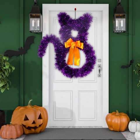 Halloween Katzenform Kranz Dekoration Faltbare PET Lametta Kranz Tür Wandbehang Mit Satinschleife Für Party Haus Deko