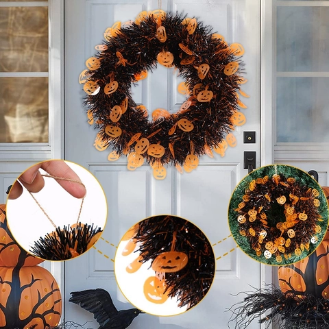 Ghirlanda di Halloween in Filigrana Con Paillettes a Forma di Zucca Pipistrello Teschio Decorazione per Porta e Parete