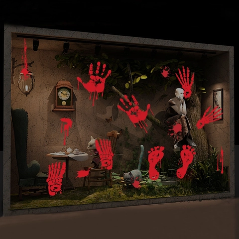 Halloween Blut Handabdruck Fußabdruck Statische Aufkleber Horror Fensterbilder Für Party Glasdekoration Rote Aufkleber