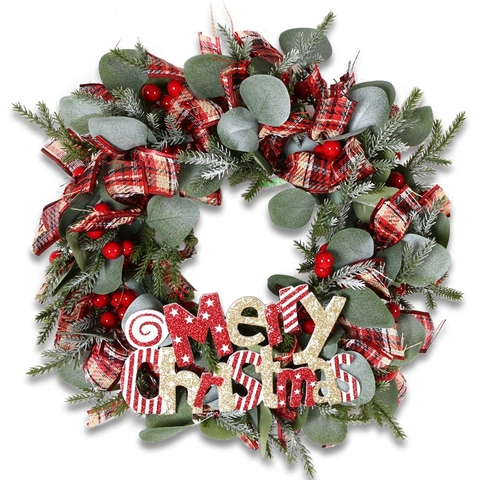 Guirnalda de Navidad Artificial Con Placa Merry Christmas Simulación Hojas de Eucalipto Bayas Lazo Para Decoración Pared