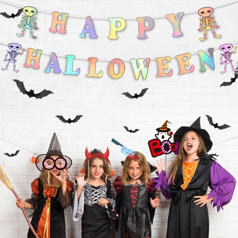 Holografisches Happy Halloween Banner Skelett Hängende Girlande Party Dekoration Laser Karton Banner Für Gruseligen Feier