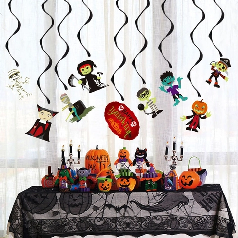 Decorazioni a Spirale Sospese per Festa di Halloween Ciondoli in PVC Zucca Strega Scheletro Vampiro Cartone Animato Ornamenti per Soffitto