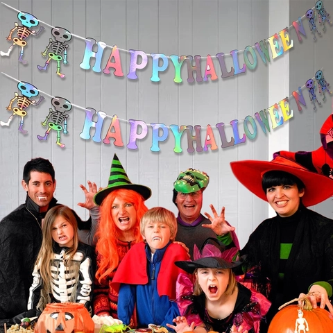 Holografisches Happy Halloween Banner Skelett Hängende Girlande Party Dekoration Laser Karton Banner Für Gruseligen Feier